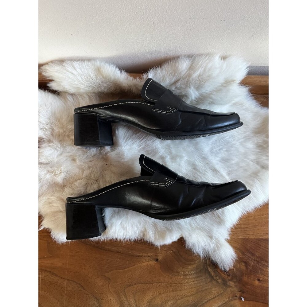 Vintage Y2K Black Leather Penny Loafer Mules Womens 8M 2" Block Heel Square Toe - Picture 3 of 9